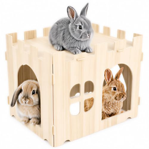 Large Rabbit House and Hideouts, Wooden Bunny Castle Detachable Bunny Play House Rabbits Hideaway for Indoor Rabbit Hamster Hedgehog Guinea Pig Chinchilla Habitat 40x30x30cm