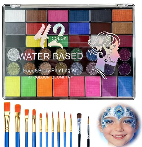 Face Painting Kit, 42 Colours Body Paint Set Professional Face Paint Kit with 12 Brushes Washable Face Paint for Teenager Adults Festivals Halloween Christmas Parties Cosplay Events