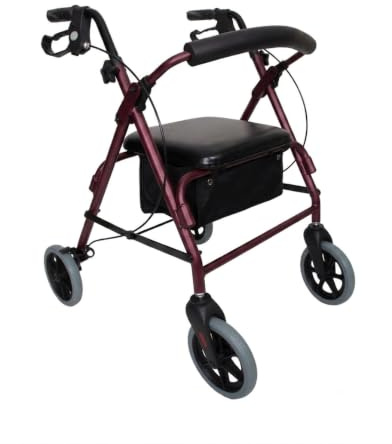 Angel Mobility Lightweight Folding Rollator Zimmer Frame 4 Wheels with Seat (Burgundy)