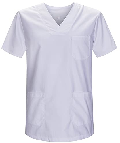 MISEMIYA - Medizinische Uniformen Unisex Top Krankenschwester Krankenhaus Berufskleidung - Medium, Weiß