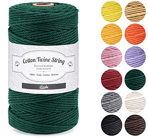 ilauke Macrame Cord 3mm x 100m, Natural Macrame Cotton Cord DIY Craft Cotton Rope for Wall Hanging, Plant Hangers, Crafts, Knitting, Decorative Projects (Green)