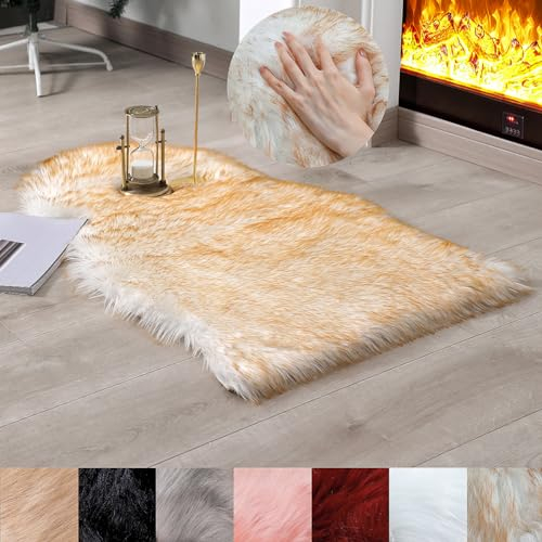 linmopm Alfombra de piel de oveja sintética súper suave y esponjosa para silla, de alta densidad, para sofá, mesita de noche (2 x 3 pies, piel de oveja, blanco y amarillo)