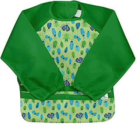 green sprouts Baby 101357 wear Long Bib | Waterproof Protection from Mealtime to Playtime | Flipped Pocket, Soft Material, Elasticized Sleeves, Easy Clean, Green Buglife, 2-4 Years
