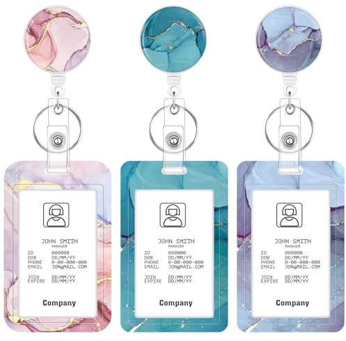 3 Set Heavy Duty Badge Holder with Retractable Reel, Marble Retractable ID Badge Holders with Clip Name Key Card Holder Case for Teacher Nurse Gift for Coworkers