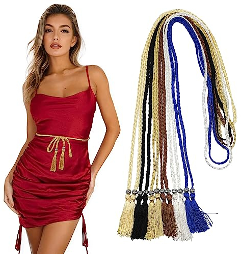 MIVAIUN 6 Stück Damen Dünner Geflochtener Taillengürtel,Skinny Quaste Gürtel, Gewebte Quaste Kette Gürtel für Frauen Kleider Geflochtene Taillengürtel,Seil Gürtel für Rock Kleid(6 Colors)