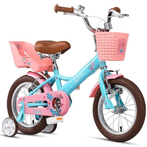 Glerc Sasha 14 tums barncykel för 3-, 4- och 5-åriga flickor i retrovintagestil, barncyklar med dockcykelsäte och stödhjul, blå