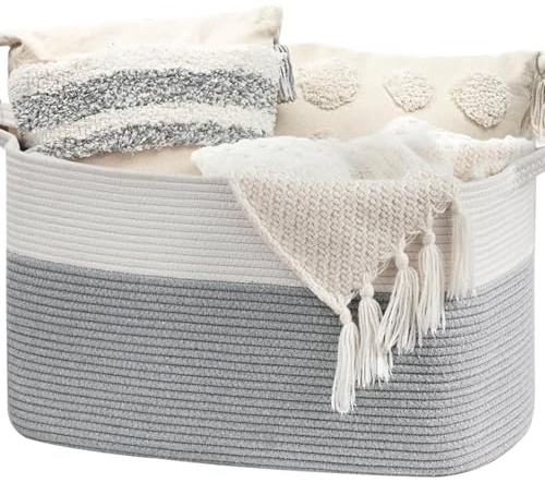 Fernlandia Korb Aufbewahrung Groß mit Griff für Babykleidung Spielzeug Decke Bettwäsche Handtuch, 55 * 38 * 30cm，Geeignet für Wohnzimmer Schlafzimmer Badezimmer (Grau-Weiß)