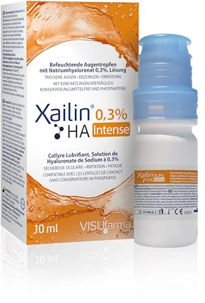 XAILIN HA 0,3% Intense - Gotas para los ojos con 0,3% de hyluronato de sodio - hidrata la córnea y la conjuntiva - amigable con lentes de contacto - sin conservantes ni fosfatos - 10 ml