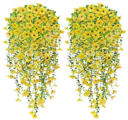 YSUVIN Flores Artificiales Colgantes, 4 Piezas Flores Artificiales de Exterior, 76CM Plantas Falsas Colgantes, Decoración de Exterior Balcón Jardín Patio Decoración de Boda, Amarillo