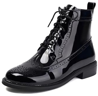 SEIFIN Women's Wingtip Oxford Boot Combat Boots Side Zip Ankle Motorcycle Boots Dressy Lace Up Wingtip Brogue Short Booties，Patent Leather Black,US9
