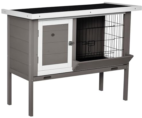 PawHut Conejera de Madera Elevada Jaula para Conejos con Techo Asfáltico Abatible Puertas con Pestillo Bandejas Desmontables Conejera para Exterior 91x46x71 cm Gris