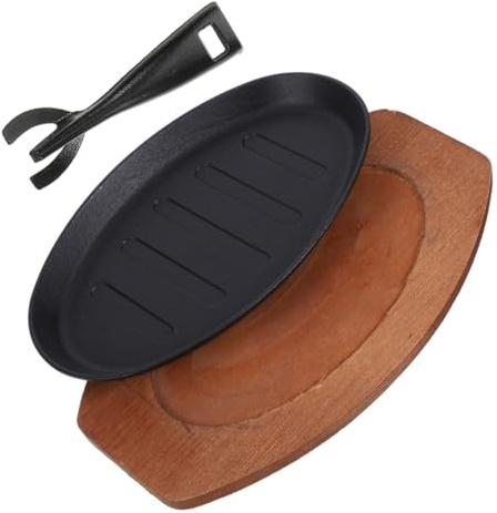 UKCOCO Plaque De Cuisson En Fonte 30 Cm Avec Planche En Bois Répartition Uniforme Chaleur Poêle à Griller Pour Steak, Fruits De Mer Et Légumes Usage Intérieur Et Barbecue Ensemble Plat Teppanyaki