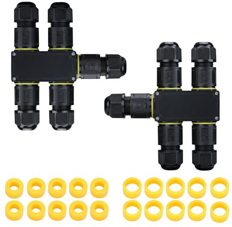 ATBLYV Outdoor Junction Box 5 Ways 3 Poles,IP68 Waterproof Extension Electrical Cable Connector,AC 450V/24A M20 Wire Range(4-8mm or 6-11mm) Snap-on Wire Connector (2T Shape (5-Ways))