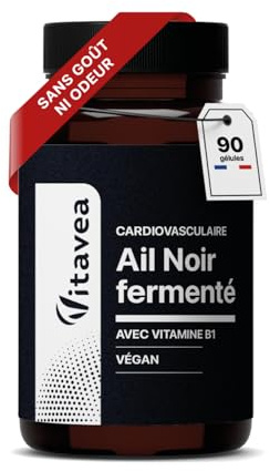 Ail Noir Fermenté 9000 mg (Extrait 30:1) + Vitamine B1 - Santé Cardiovasculaire, Antioxydant Naturel - Sans Odeur - 90 Gélules Végan - Fabriqué en France - Vitavea