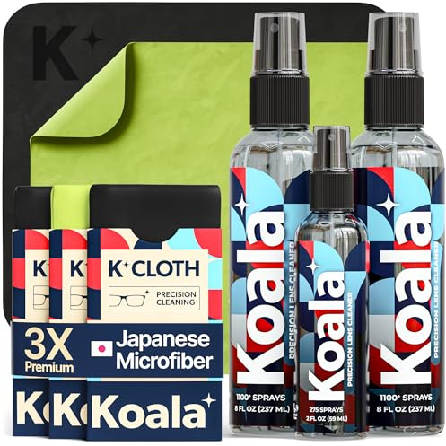 Koala Eyeglass Lens Cleaner Spray Kit | (2x) 8oz + (1x) 2oz Glasses Cleaner Bottle + (3x) Microfiber Cloth | Alcohol Free Eyeglasses, Screen, and Camera Cleaning Kit (6 Piece Set)