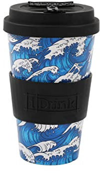 IDRINK®- Tazza in RPET per Caffé con Tappo in Silicone Apribile, Facile da Portare 435 ml, Mug Takeaway Plastica Riciclata 8.7 x 8.7 x 15 cm Ergonomica 435 ml (WAVE)