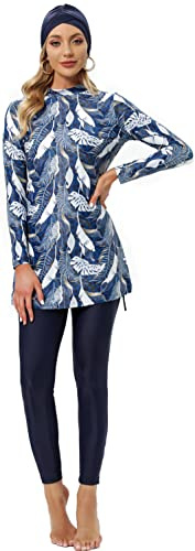 Ababalaya Fully Covered Swimsuits 3 Pieces Full Covered Burkini Swimwear with Swimming Cap (US, Alpha, XX-Large, Regular, Regular, Floral 4)