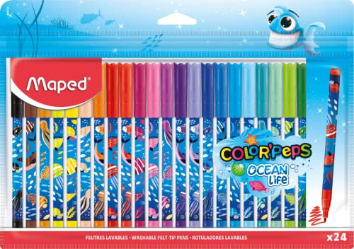 Maped - Filzstifte OCEAN LIFE - 24 Stück - 2 mm mittlere Spitze - perfekt zum Zeichnen und Malen - resistente Spitze (nicht blockiert) - kräftige Farben - wiederverwendbare Kunststoff-Tasche