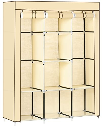HOMCOM Guardaroba in Tessuto con Base Rialzata, 8 Ripiani e 2 Barre, Armadio Guardaroba Salvaspazio in Tessuto non Tessuto, PP e Acciaio, per Camera da Letto, 125x43x162.5 cm, Beige
