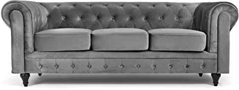 Bravich Velvet Chesterfield Sofa | 3 Seater Settee | Soft Plush Fabric | Foam Seat Cushions | Scroll Arms | Button Studded Back | Living Room Bedroom Conservatory | Grey | 205x90x78cm