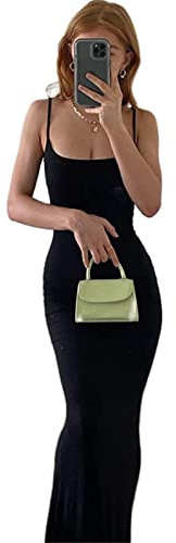 Geagodelia Women's Summer Maxi Dress Ladies Sexy Spaghetti Strap/Long Sleeve Bodycon Long Party Dresses Y2k Aesthetic Clothes Outfit (A - Black, XS)