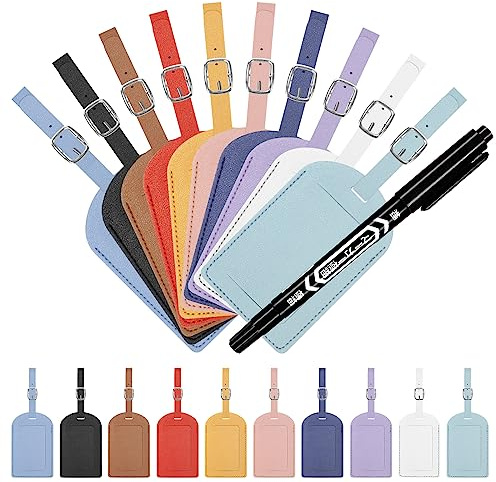 Swpeet Lot de 11 étiquettes de bagage en cuir synthétique de 10 couleurs, étiquettes de bagage en cuir synthétique avec un marqueur, étiquettes d'identification de bagages avec boucle, étiquettes