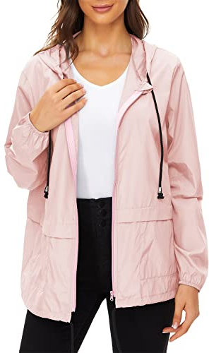 Durio Veste de pluie légère pour femme - Imperméable - Respirante - Pliable - Coupe-vent - Avec capuche - Veste softshell - Veste de cyclisme, rose b, L