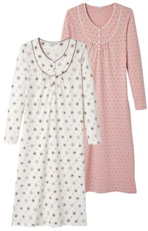 Damart - Lot de 2 Chemises de Nuit Jersey Pur Coton peigné Femme Rose Imprimé Taille 50-52 (XL)