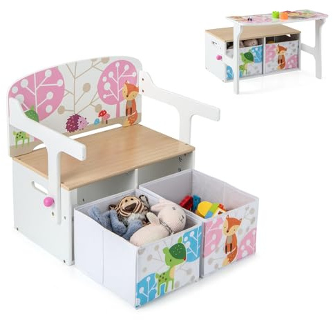 LIFEZEAL Banco Infantil de Almacenaje 3 en 1 con 2 Cajones, Caja de Juguete de Madera, Juego de Mesa y Taburete para Niños de 3 a 7 años, Organizador con Cestos Textiles de Almacenaje (Blanco)