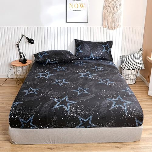 Lirzxin Spannbetttuch 120x200x25 cm, Spannbettlaken Gewaschene Baumwolle Stern Muster Bettlaken Einzelbett Atmungsaktives und Weiches, Dunkelgrau Blau
