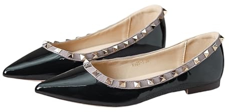 JHFDIOY Women Patent Leather Studded Rivet Closed Shallow Mouth Comfortable Dress Walking Flat Shoes Fashion Pointed Toe Slip On Flats for Daily Party Office (Black,8.5)