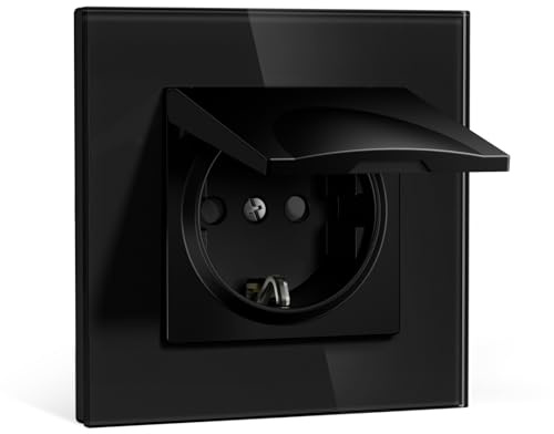 BSEEDLIFE Schuko Steckdose mit Wasserdichter Abdeckung, Unterputz 86 * 86mm, 16A EU-Steckdose mit Glasrahmen, Spritzwassergeschützt für Bad/Küche, Einfache Installation (Klappkrallen), 1-Fach Schwarz