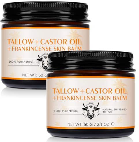 2Pack Tallow, Castor Oil and Frankincense Oil Skin Balm, 100% Grass-Fed Tallow for Face & Body Moisturizer, Deep Moisturizing Cream, Moisturizer for Dry, Cracked Skin, All Skin Types