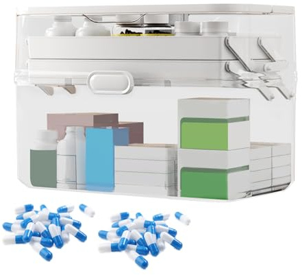 Boîte à pharmacie familiale - 30 x 18 x 23,5 cm - Organiseur transparent à double couche - Poignée pliable robuste - Rangement avec plusieurs compartiments - Valise pour la maison, le dortoir, la