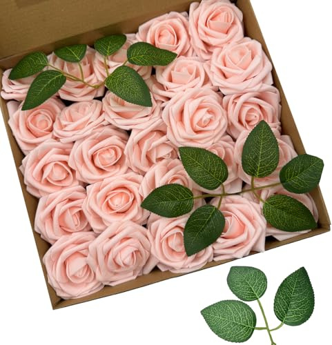 BOVUN 25Pcs Pink Artificial Roses with Flexible Stems, Real-Touch Foam Flowers for DIY Wedding Bouquets, Bridal Centrepieces, Parties and Home Decoration