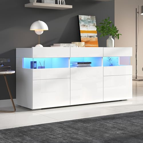 Kayan Wohnzimmer-Sideboard, Kommode mit 3 Türen, Hochglanz-Wohnzimmerschrank mit LED-Lichtleiste, Transparentes Acrylgehäuse, Schrank mit 7 Ablagefächern, 140cm breiter Schrank, Weiß