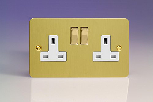 XFB5DW Varilight Ultra Flat Plate Brushed Brass 2 Gang 13A Switched Plug Socket White Insert