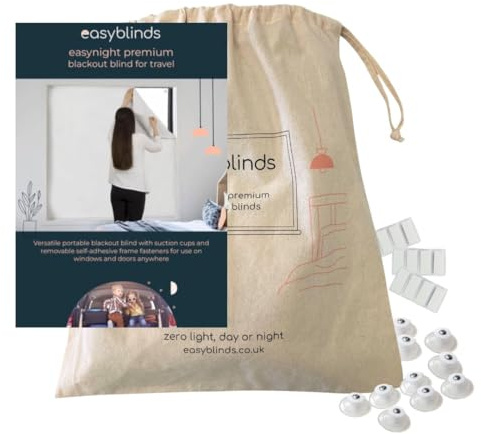 Easyblinds Easynight Premium Portable blackout blind for home and away, suction cups and self-adhesive attachments, WHITE, for windows up to 150x135cm, cut to any shape/size