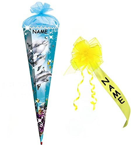3-D Schultüte mit Glitzer + Steinen - Delfin 70 cm - mit Holzspitze - incl. Namen und individueller Schleife mit Filzabschluß - Zuckertüte Roth Delfine Fisch ..
