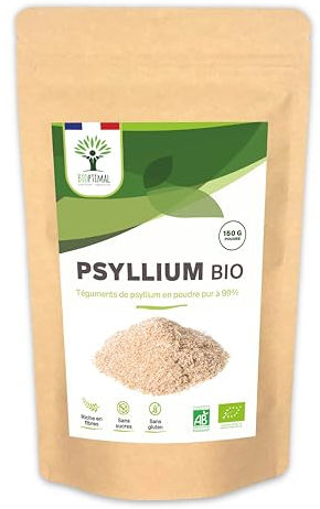 Psyllium Blond Bio - Bioptimal - Teguments de Psyllium en Poudre Fine - Husk Powder - Farine - Digestion Transit Coupe Faim - Origine Inde - Conditionné en France - Certifié Ecocert - 150g