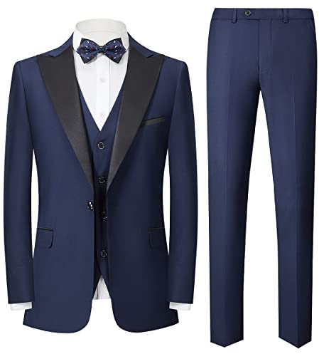 Sliktaa Men Three Piece Formal Tuxedo Suit Peak Lapel Wedding Set,Blue,XL