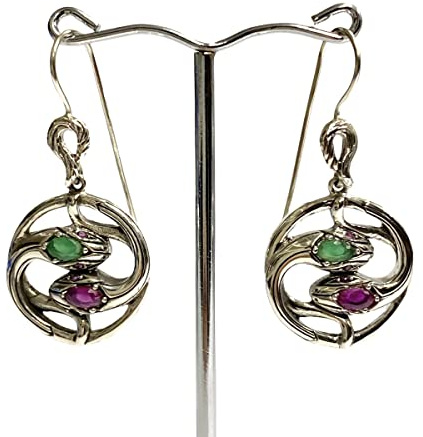 Art Nouveau Style Snake with Ruby and Emerald Stone Earrings 925 Sterling Silver (Ruby and Emerald)