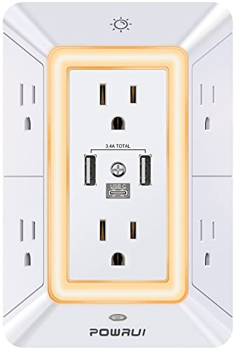 POWRUI Multi Plug 6 Outlet Surge Protector Extender with 3 USB Ports (1 USB C) and Night Light, 3-Sided Power Strip with Adapter Spaced Outlets, ETL Listed, White