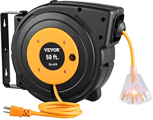 VEVOR Retractable Extension Cord Reel, 50 FT Heavy Duty 14AWG/3C SJTOW Power Cord with Lighted Triple Tap Outlet, 13 Amp Circuit Breaker, 180° Swivel Bracket for Ceiling or Wall Mount