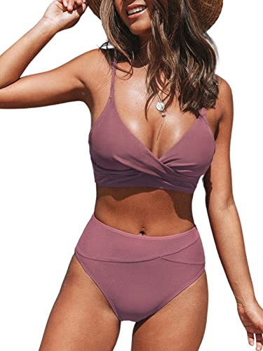 CUPSHE Women's Twist Front High Waisted Bikini Set V Neck Padded Two Pieces Bathing Suits Swimsuits Grape Purple L
