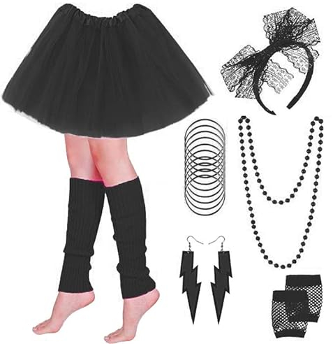 PINEPAN Tutu Rock mit Beinstulpen Spitze Stirnband Neon Ohrringe Halskette Netzhandschuhe Armband für 80er Retro Party Schwarz