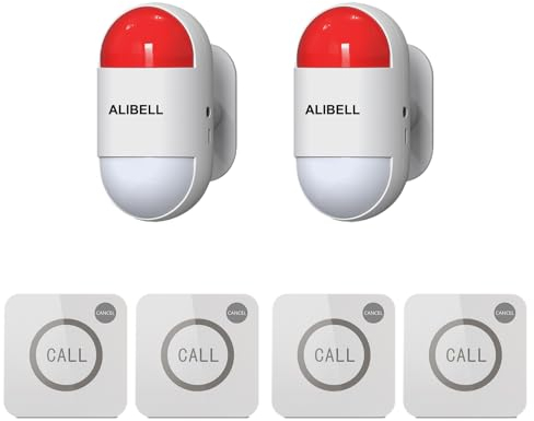 ALIBELL Remote Strobe Siren Kit Loud Panic Alarm System(Battery Operated&Plug-in Power Use) Emergency Alarm Security System for Home/Shop/Factory/School 2 Portable Flashing Sirens+4 Panic Buttons