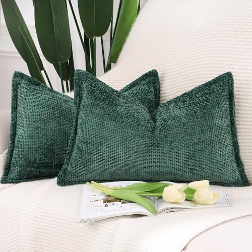 Madizz 2er Set Chenille Samt mit Rand Kissenbezüge Weiche Dekorativ Zierkissenbezüge Modern Kissenhülle für Sofa Wohnzimmer Schlafzimmer Dunkelgrün 30x50 cm