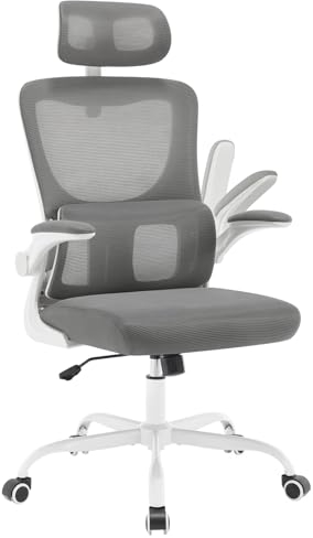 WOLTU Bürostuhl ergonomisch, Schreibtischstuhl mit Schaukelfunktion, Verstellbare Kopfstütze, umkehrbare Armlehnen, Lendenwirbelstütze Arbeitsstuhl für Büro, Bürostühle 150 kg, Grau