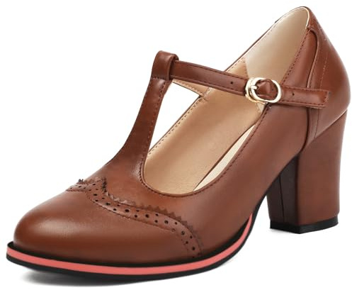 Gicoiz T Bar Mary Jane Mujer Oficina Trabajo Brogue Bomba Clásica Formal Tacón Ancho Punta Rojoonda Correa de Tobillo Formal Zapatos Marrón Talla 39 EU-40Cn